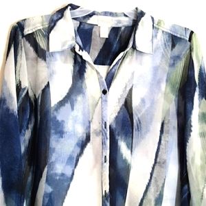 Chico's Sheer Blue White Grenn Black Print Long Sleeve Mini Dress or Tunic Top